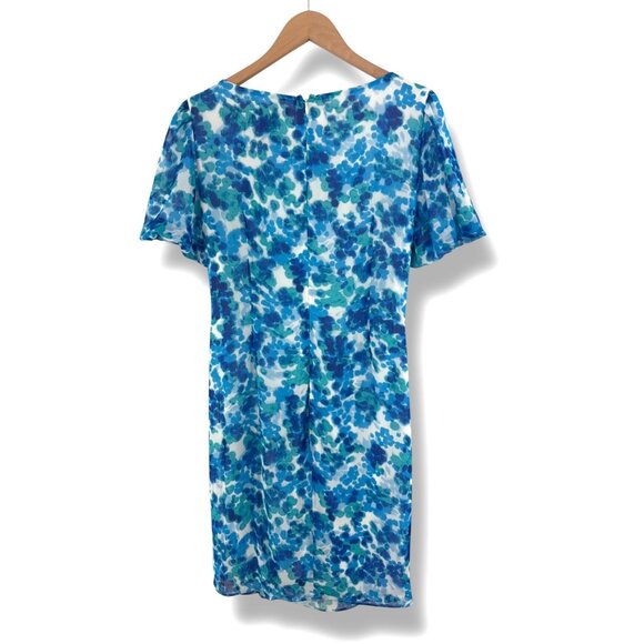 DKNY Blue Green Watercolor Print Chiffon Dress‎ Size 12 Short Bubble Sleeves - Picture 6 of 9